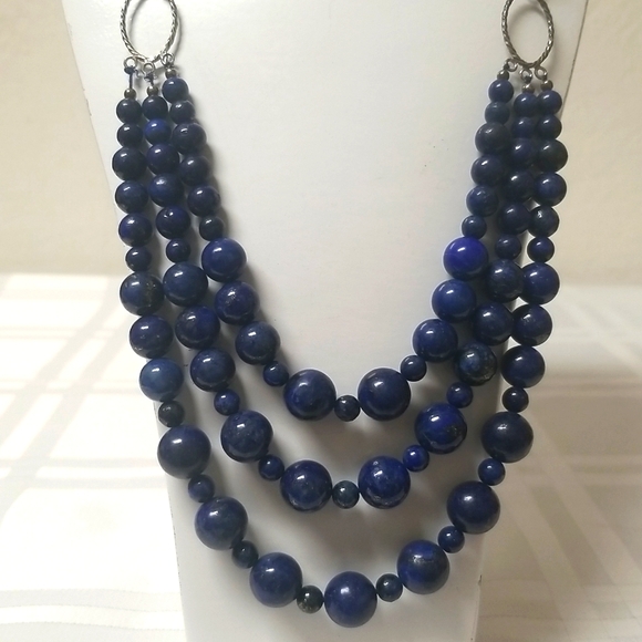 LAPIS LAZULI, 22" 3-strand 925 SS, NWOT, Perfect Cond. Bead Necklace  J#37 - Picture 3 of 6